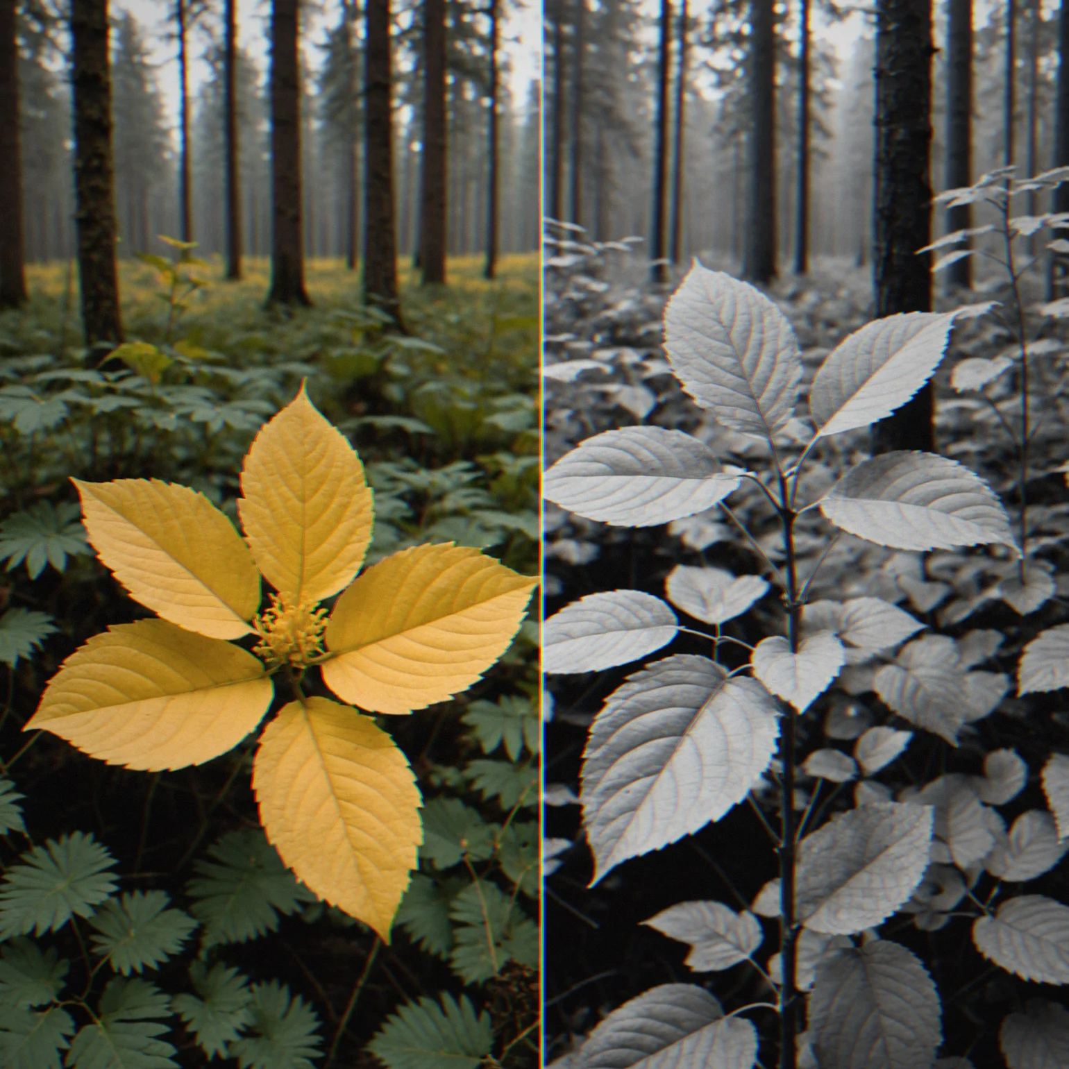 A split-screen showing a grayscale forest on the left and the same forest in full color on the right, with RGB channel sliders visible in the center