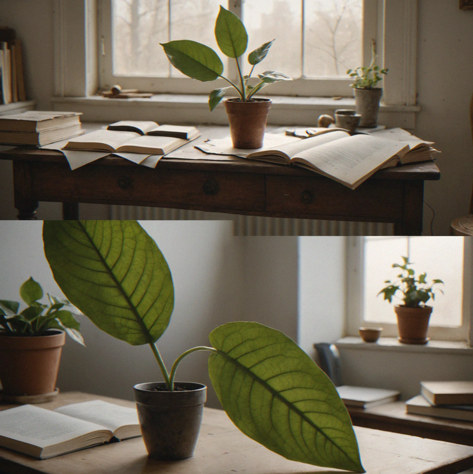 An interior room with furniture, books, and personal objects arranged to suggest a life being lived