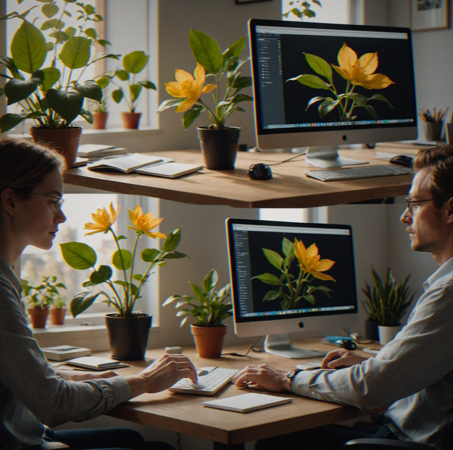 A person at a desk in evening light with a relaxed posture, playing Vividgarden on their monitor