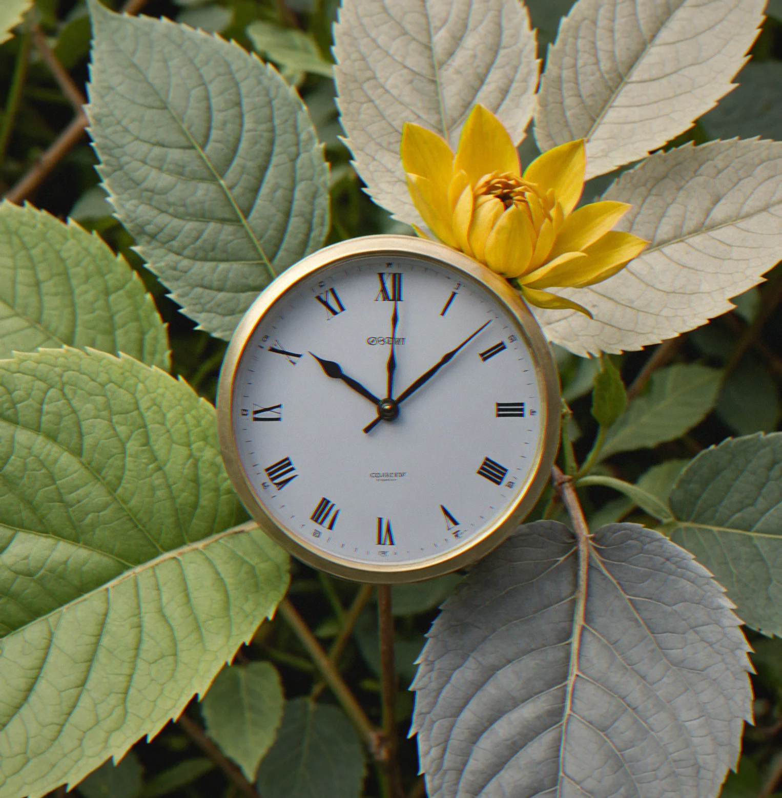 A clock face with no numbers or hands, surrounded by soft gray tones transitioning to color