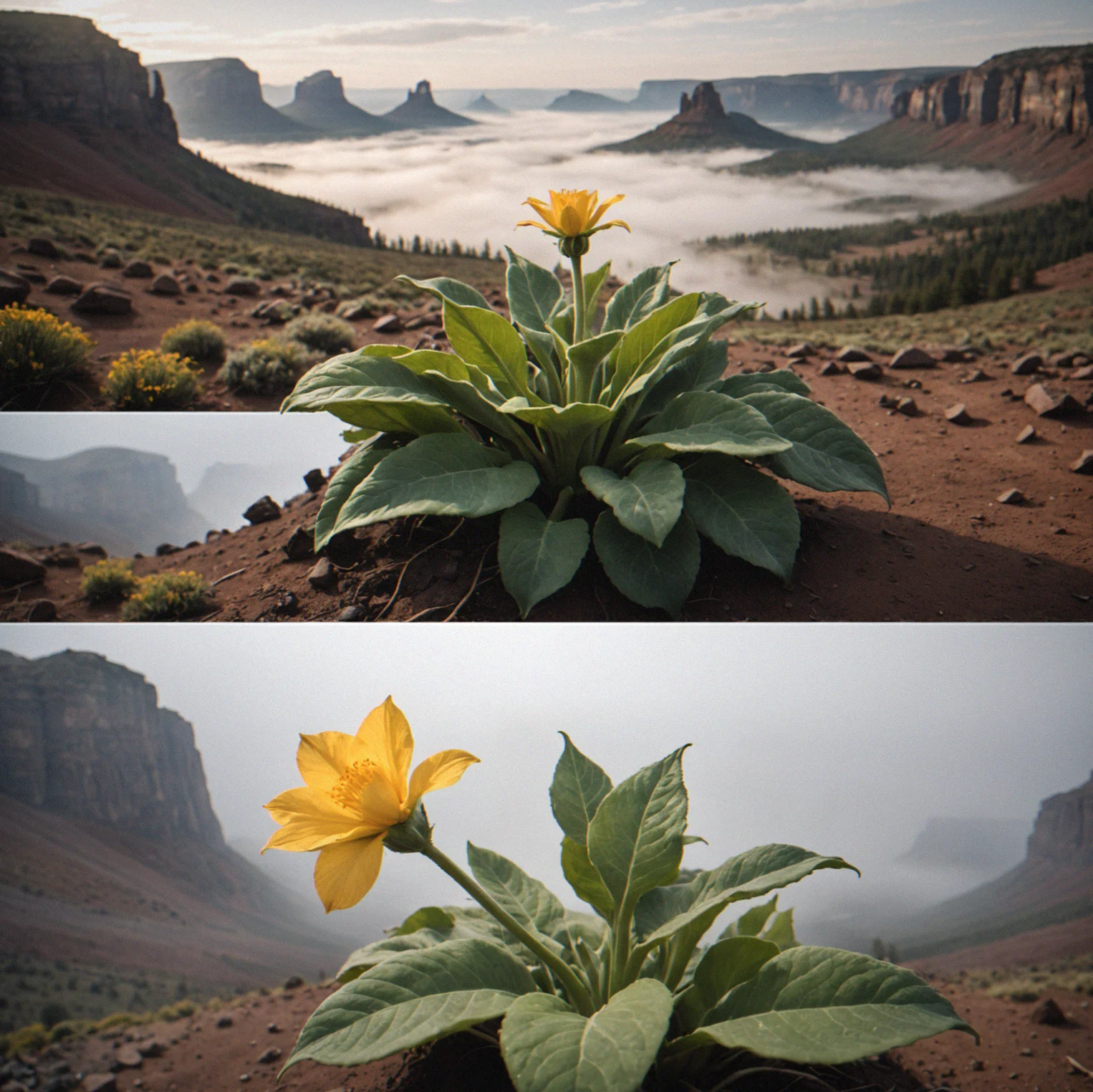 A drained monutain valley with peaks layered into mist, waiting for color to come back