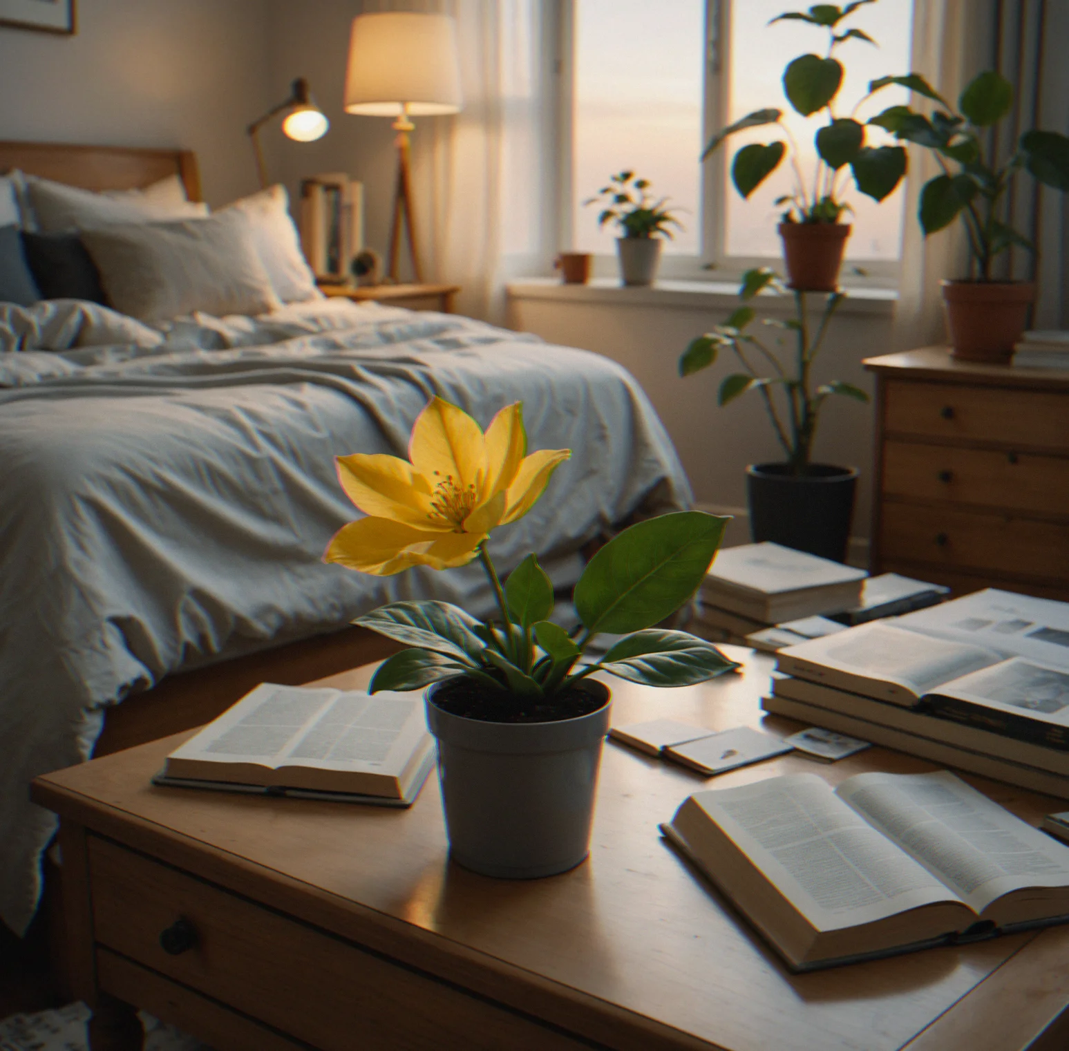 A bedroom at dusk. Furniture, books, things scattered around. Color seeps in as you adjust the channels