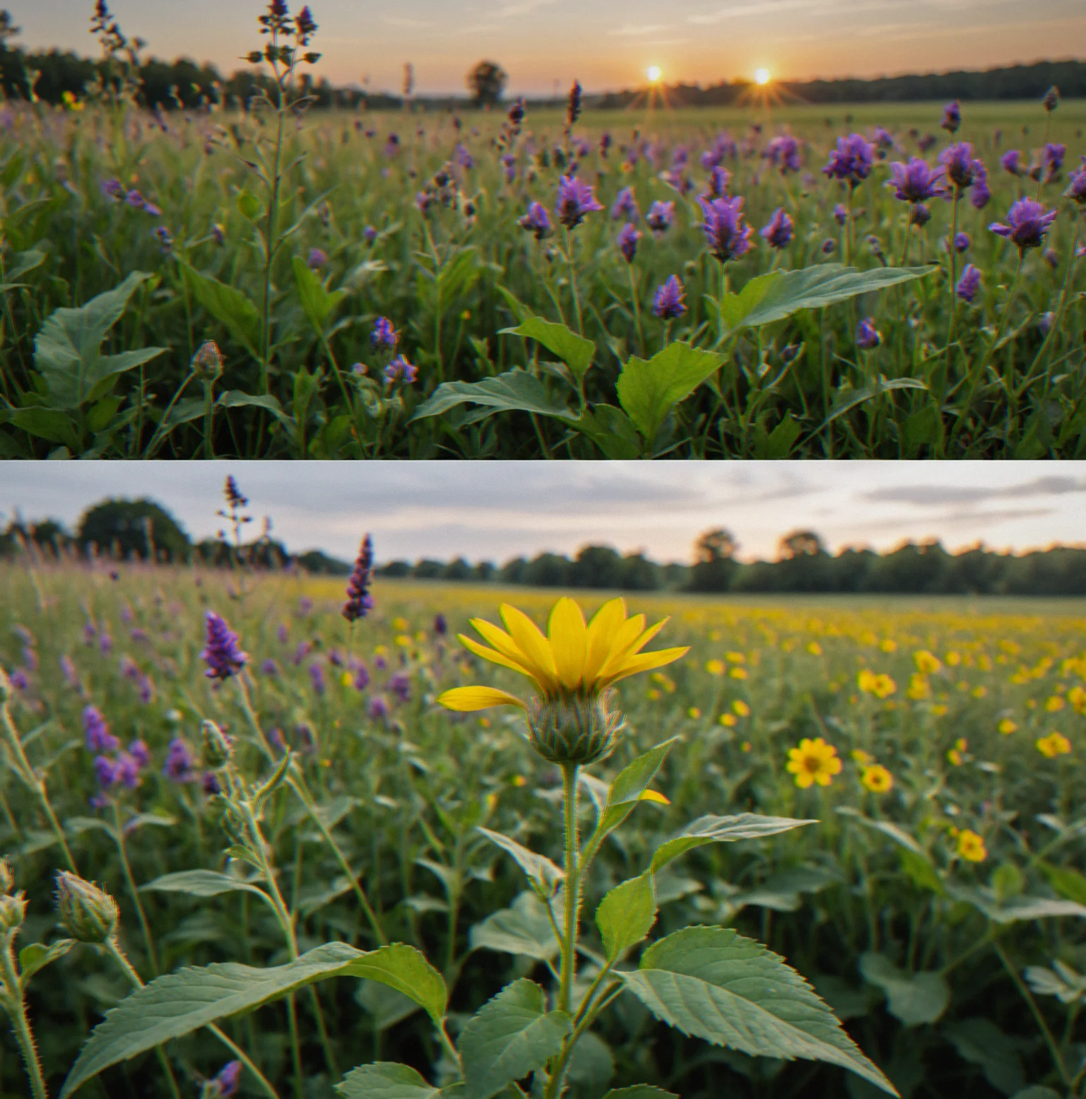 Wildflowers covering a field. They shift from gray to purples, yellows and greens as you work
