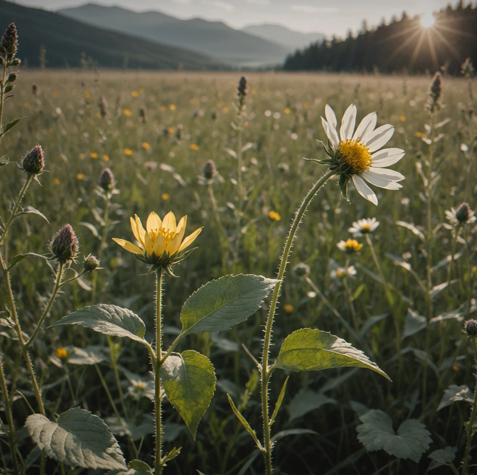 A desaturated landscape gradually shifting to full color as chromatic channels are adjusted, showing a meadow with wildflowers emerging from grayscale