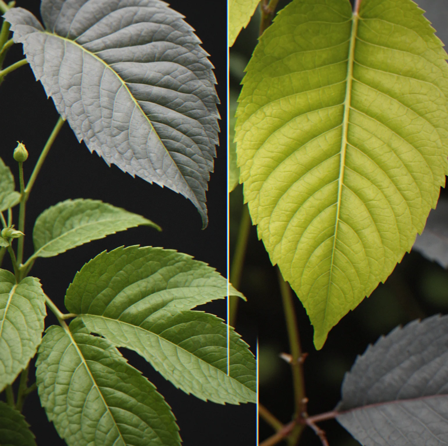 A before-and-after view showing a fully restored, vibrant scene next to its desaturated counterpart