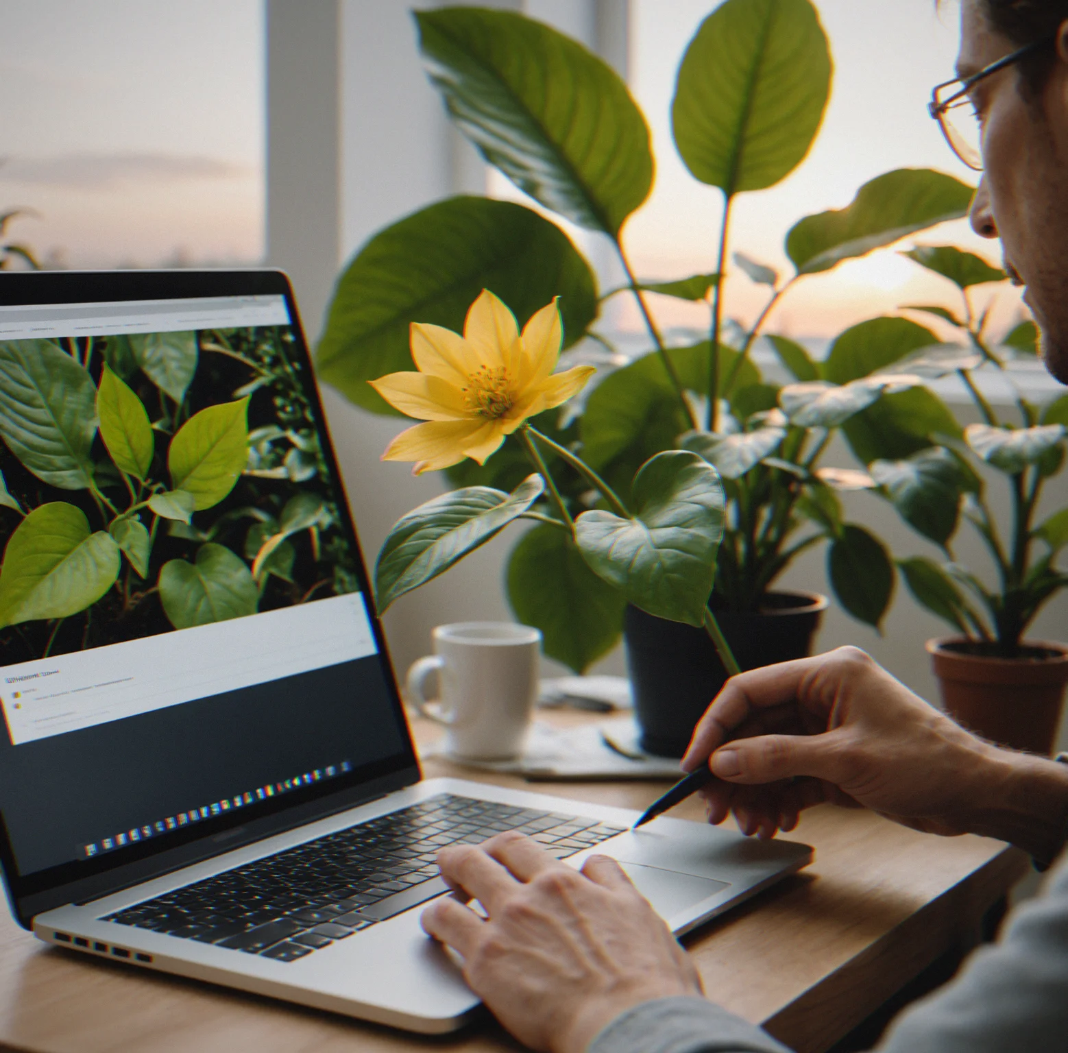 A serene workspace showing someone playing Vividgarden on their computer in the evening